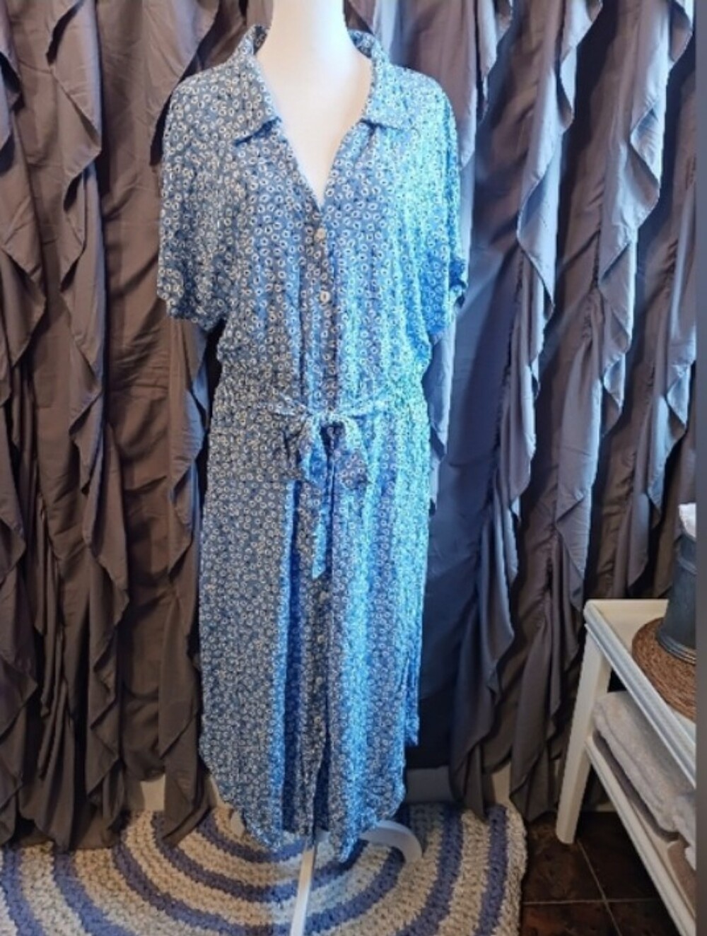 Angashion Midi Dress Women XL Shirred Waist W/Ties Lightweight Feminine Blue